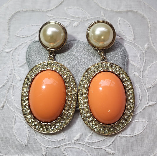 Posts - Statement Pearl and Orange Cabochon Drop Earrings