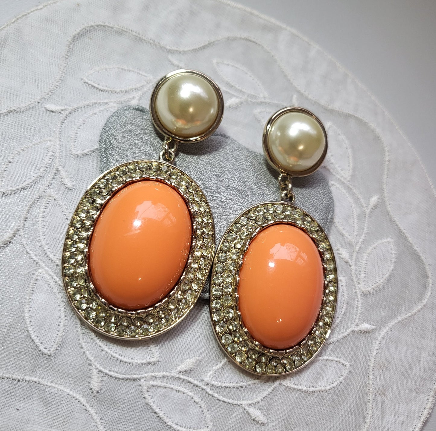 Posts - Statement Pearl and Orange Cabochon Drop Earrings