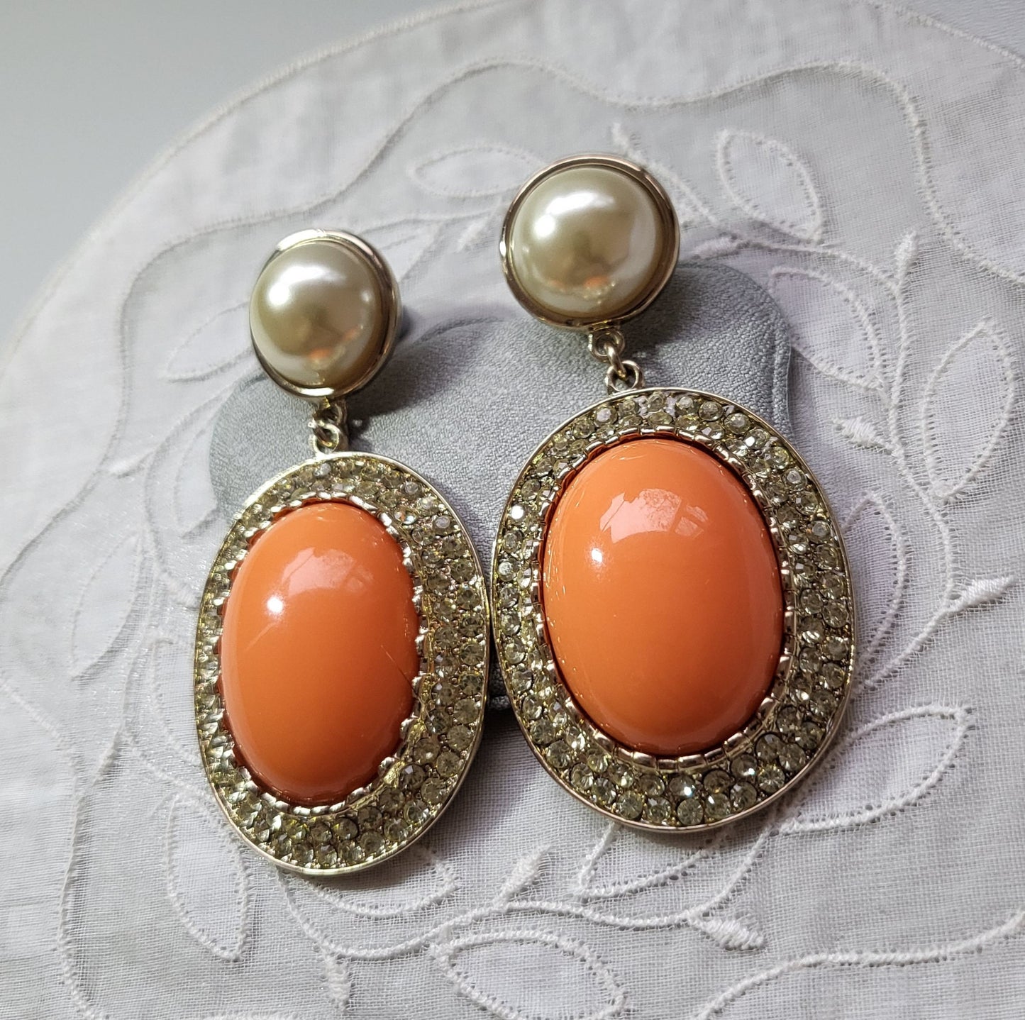 Posts - Statement Pearl and Orange Cabochon Drop Earrings