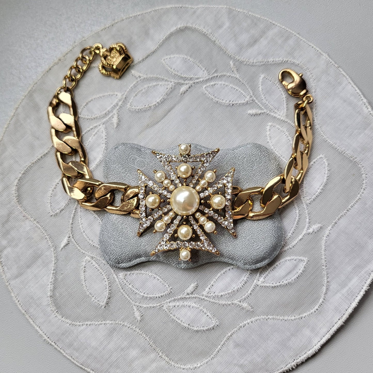 Bracelet - Butler and Wilson Pearl and Crystal Maltese Cross Chain Bracelet