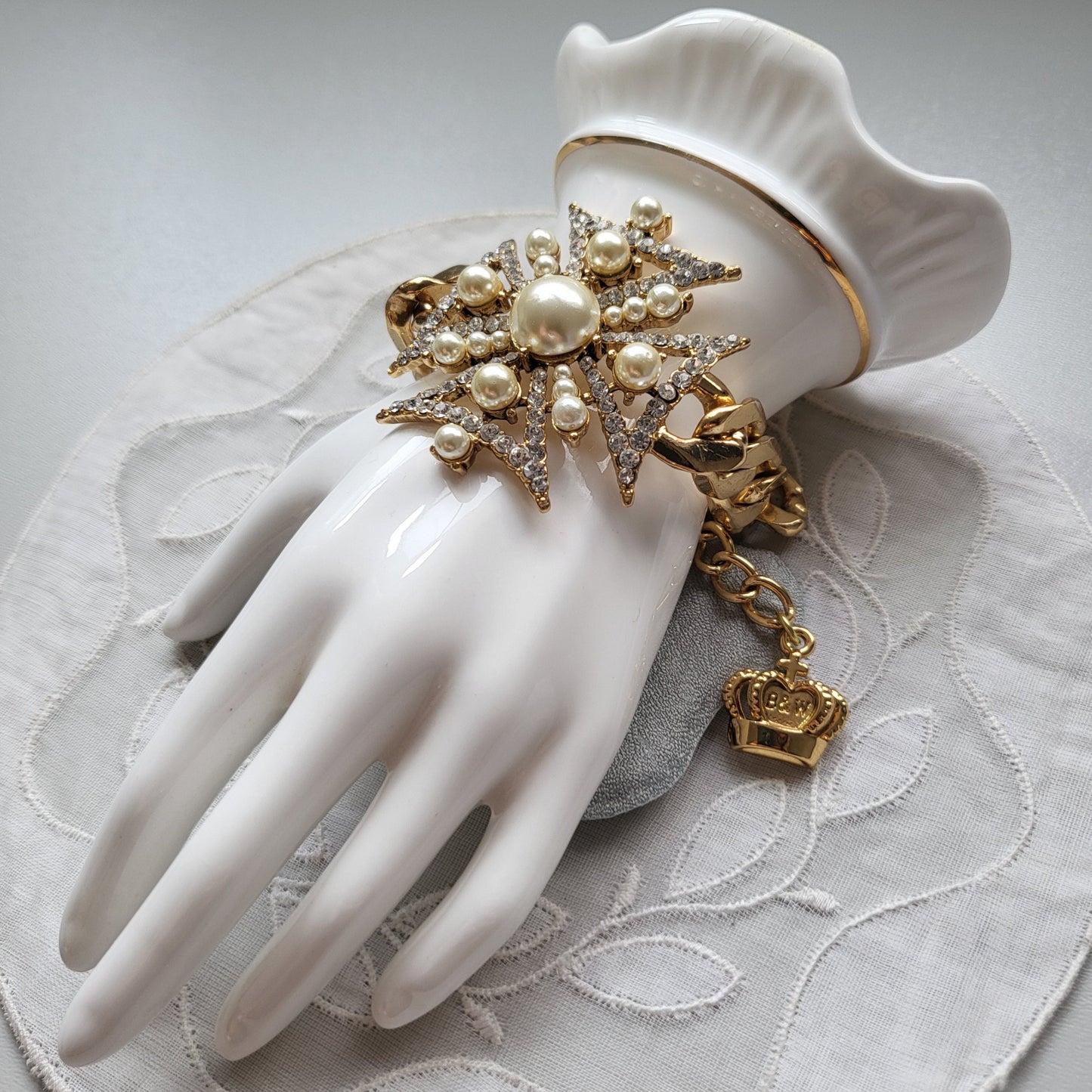 Bracelet - Butler and Wilson Pearl and Crystal Maltese Cross Chain Bracelet