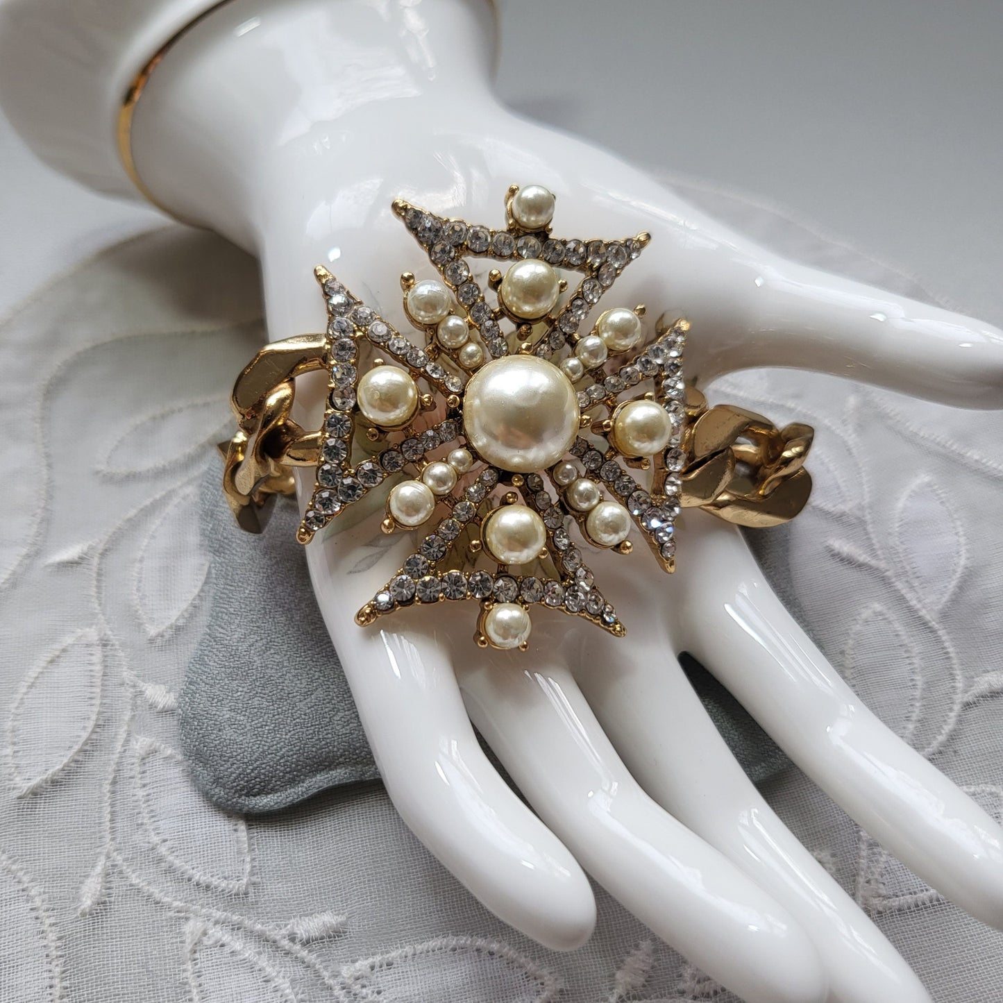 Bracelet - Butler and Wilson Pearl and Crystal Maltese Cross Chain Bracelet