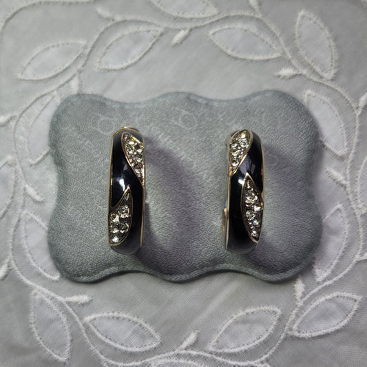 Posts - Jacques Vert Black Enamel and Crystals Hoop Earrings