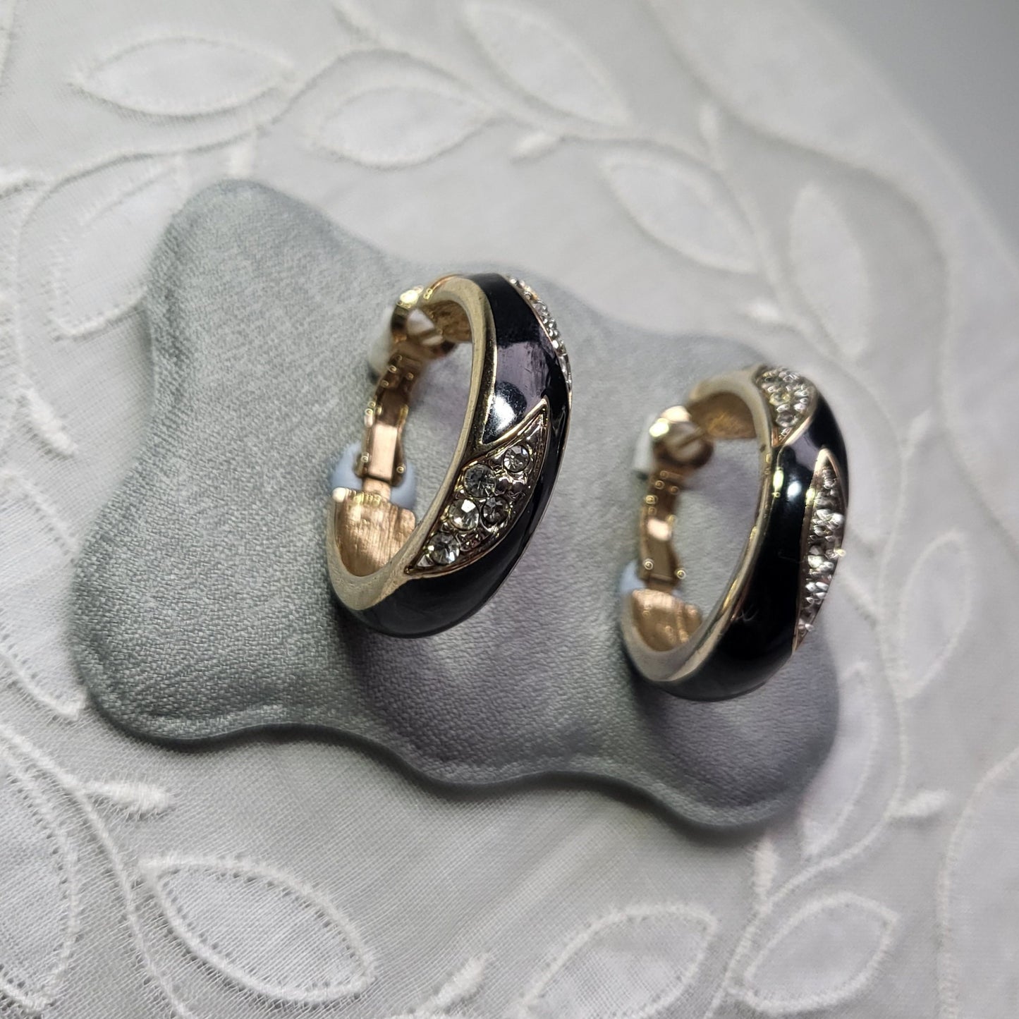 Posts - Jacques Vert Black Enamel and Crystals Hoop Earrings