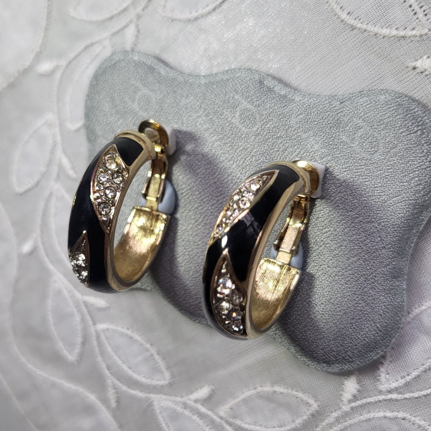 Posts - Jacques Vert Black Enamel and Crystals Hoop Earrings