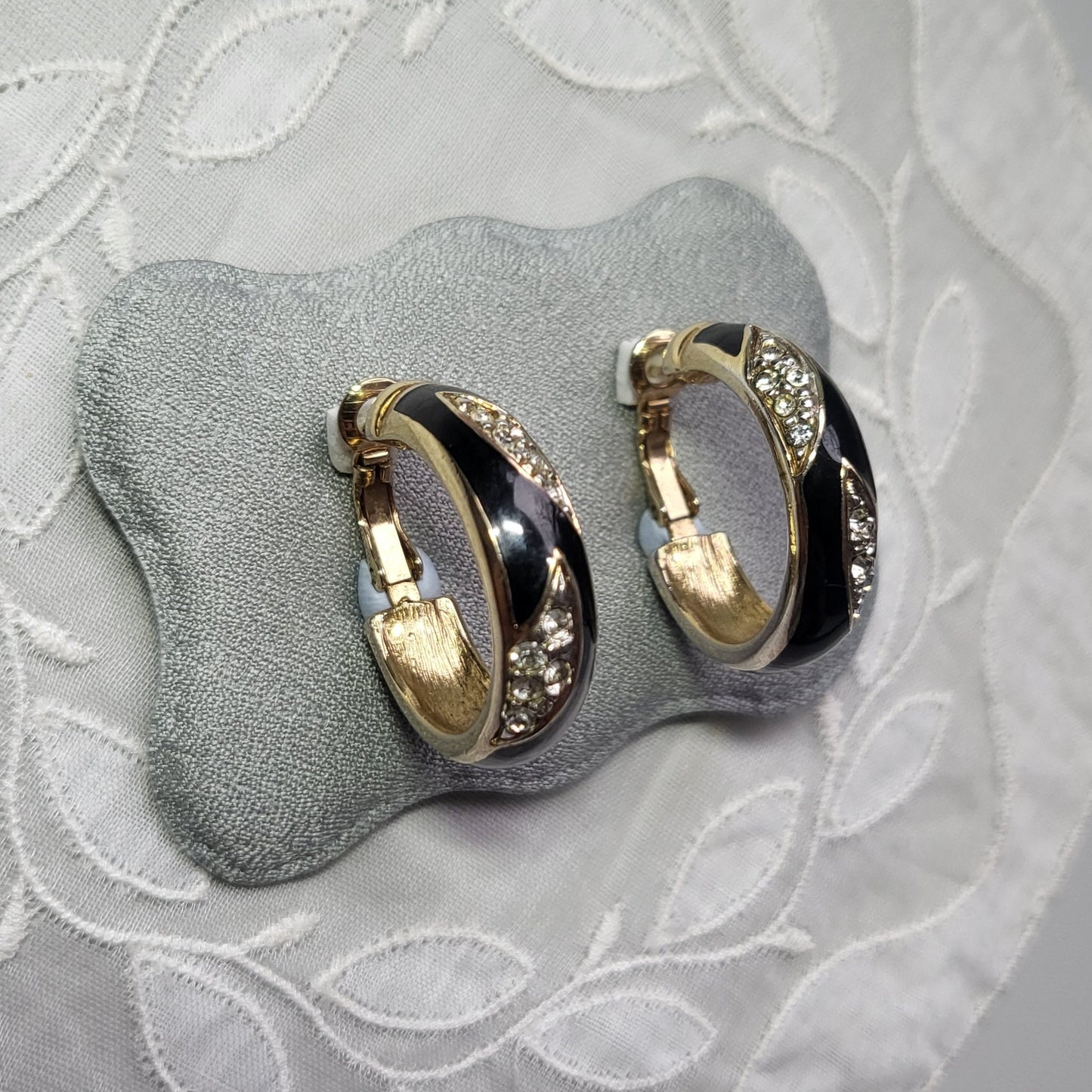 Posts - Jacques Vert Black Enamel and Crystals Hoop Earrings