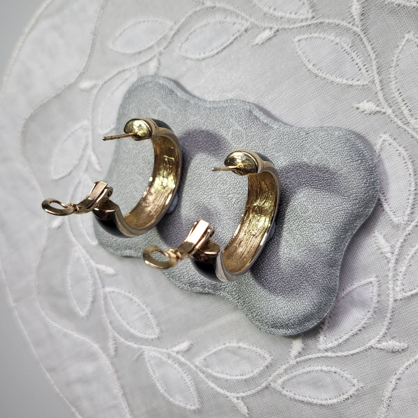 Posts - Jacques Vert Black Enamel and Crystals Hoop Earrings