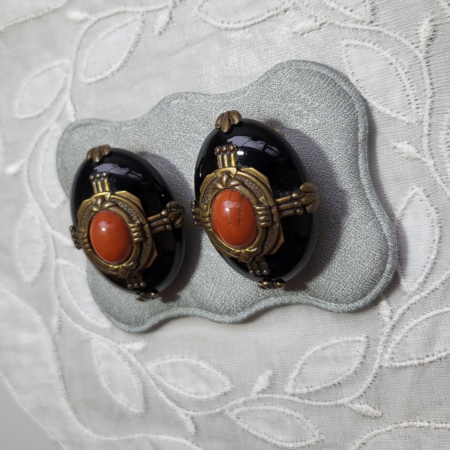 Clip on - Black and Orange Cabochon Brass Frame Clip on Earrings
