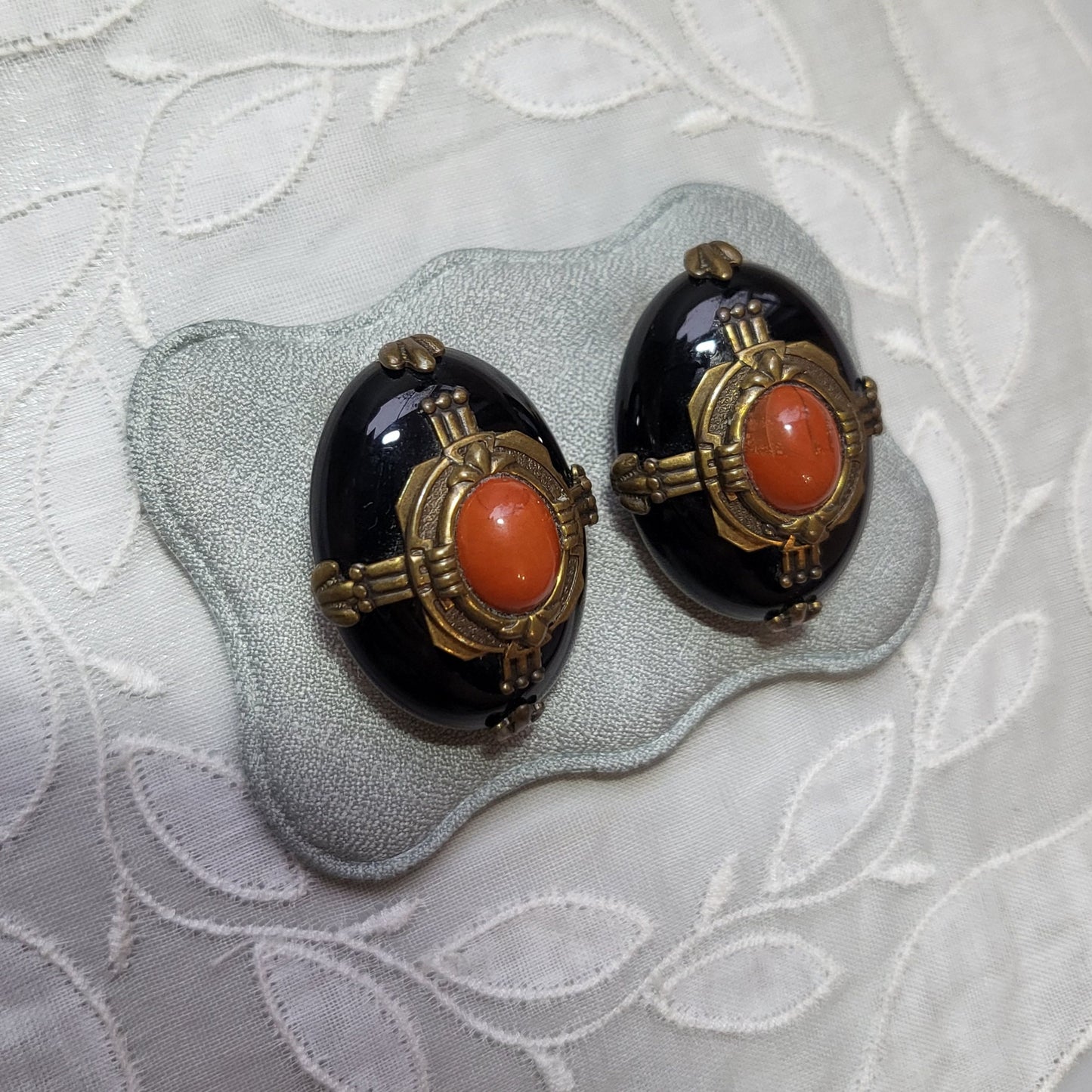 Clip on - Black and Orange Cabochon Brass Frame Clip on Earrings
