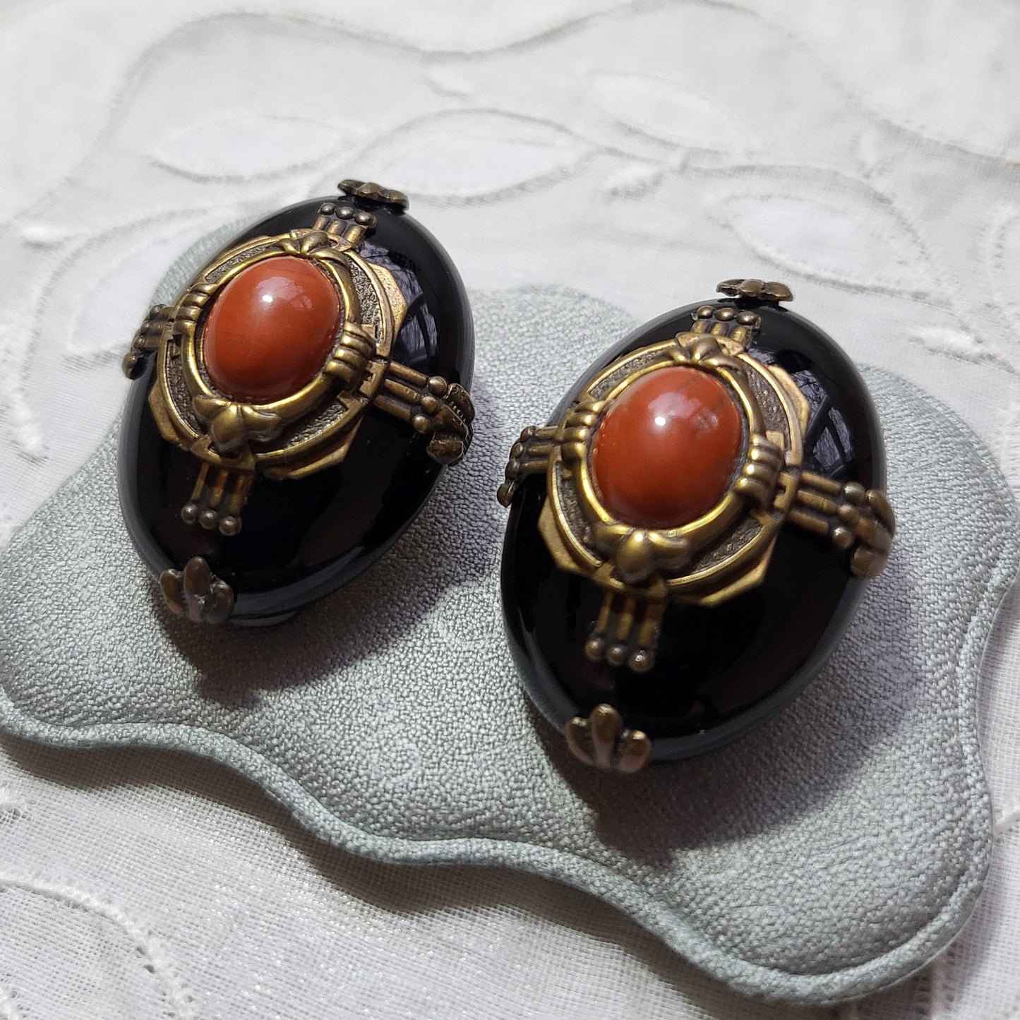 Clip on - Black and Orange Cabochon Brass Frame Clip on Earrings