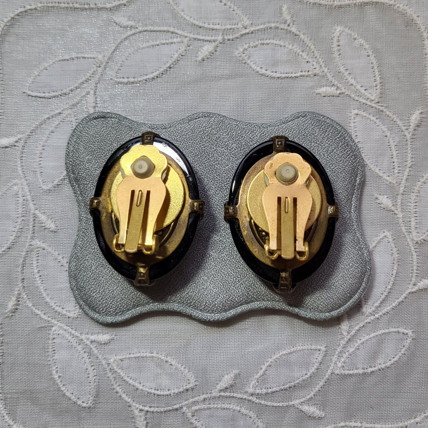 Clip on - Black and Orange Cabochon Brass Frame Clip on Earrings