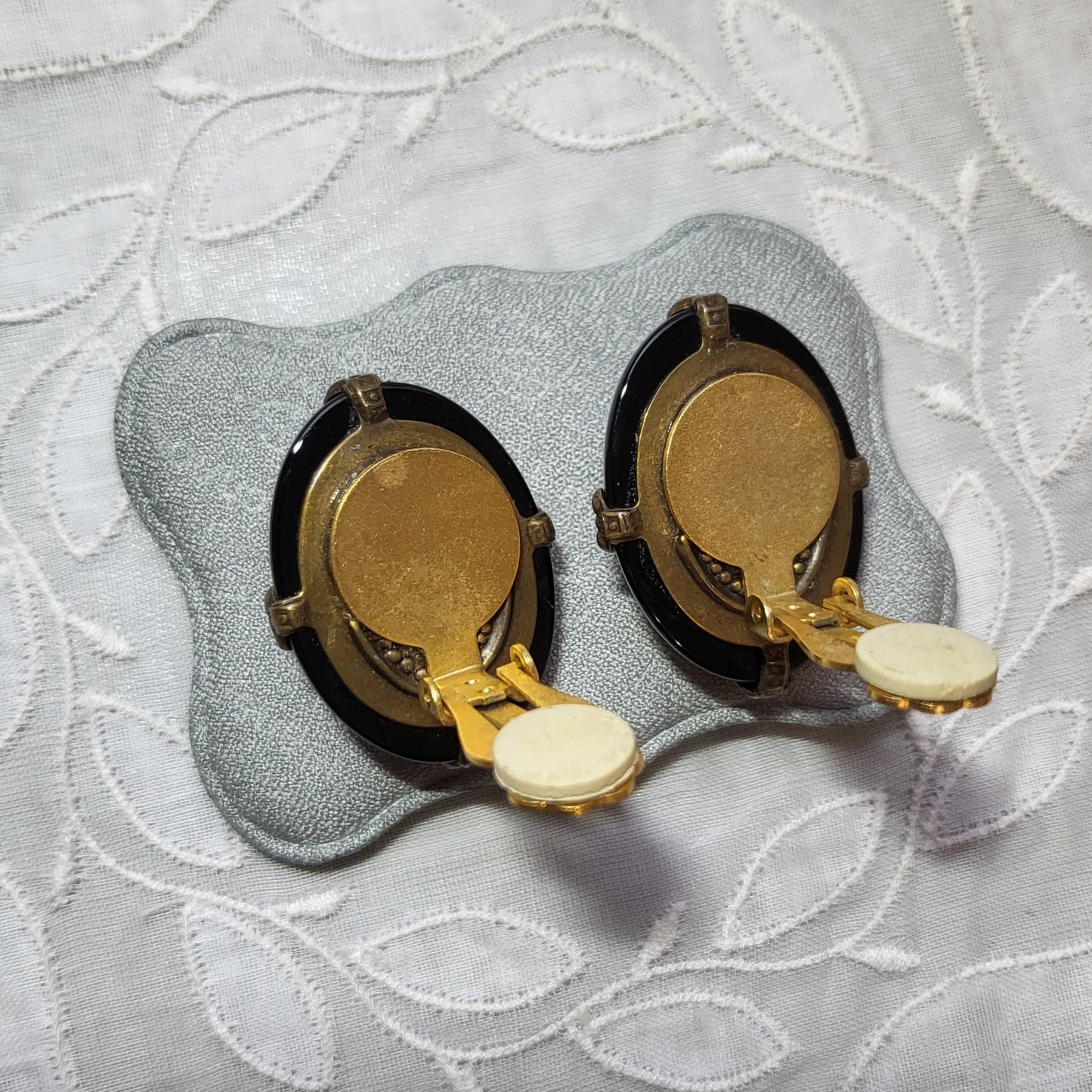 Clip on - Black and Orange Cabochon Brass Frame Clip on Earrings