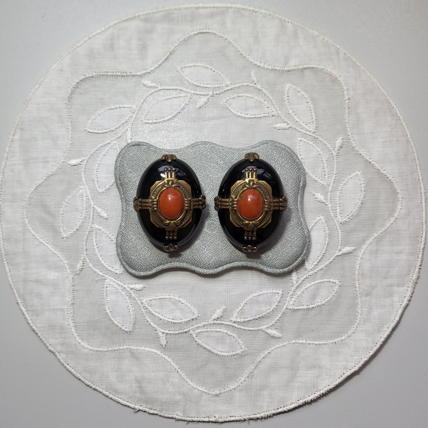 Clip on - Black and Orange Cabochon Brass Frame Clip on Earrings