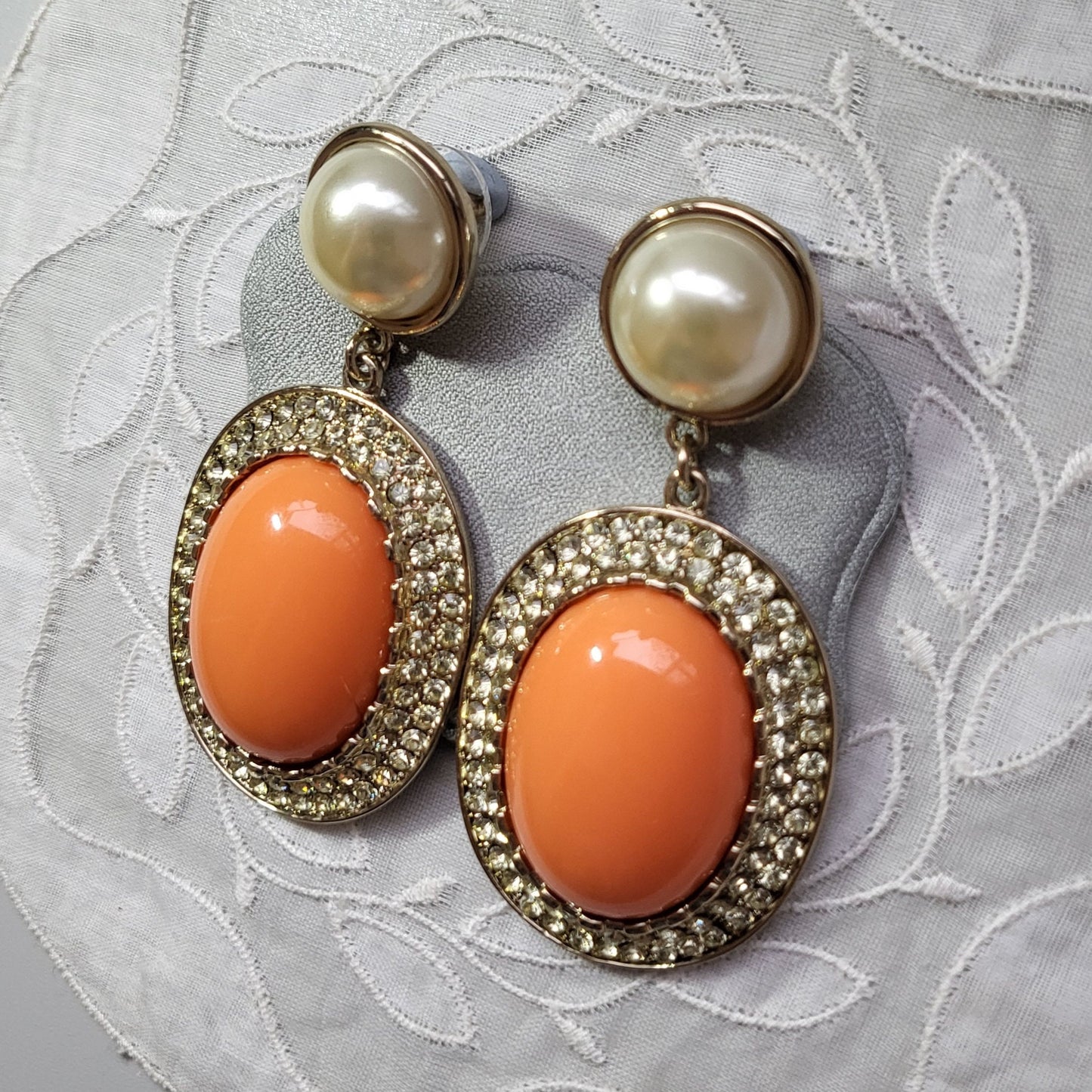 Posts - Statement Pearl and Orange Cabochon Drop Earrings
