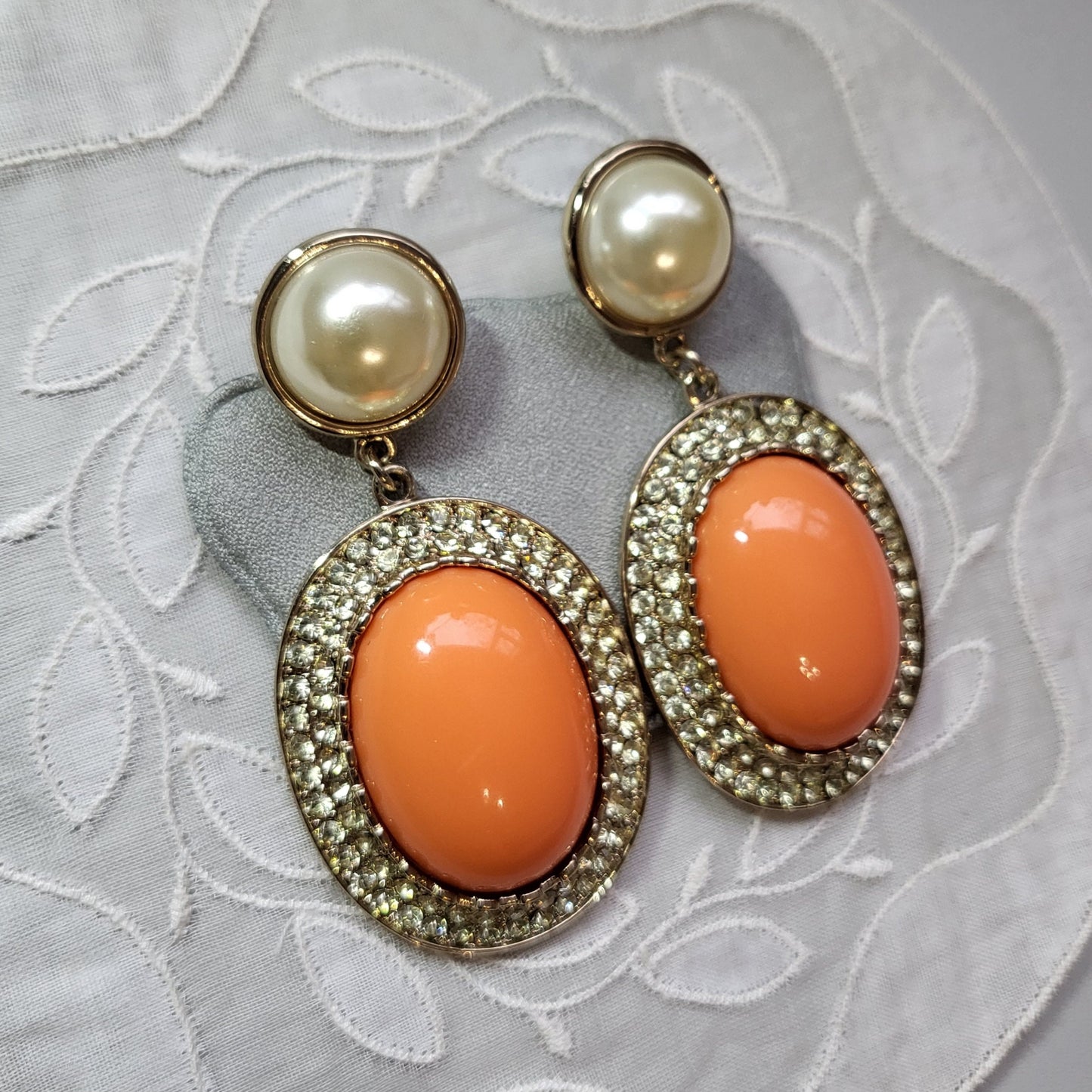 Posts - Statement Pearl and Orange Cabochon Drop Earrings