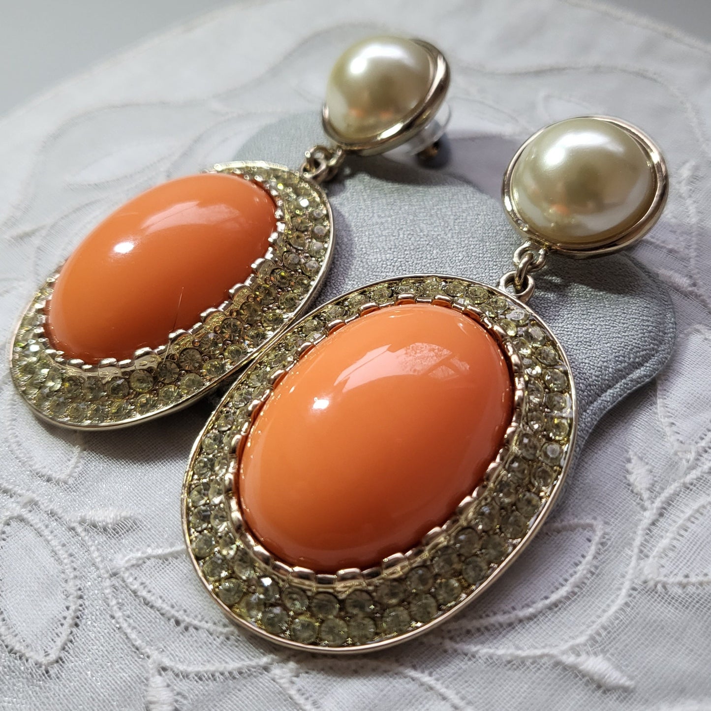 Posts - Statement Pearl and Orange Cabochon Drop Earrings