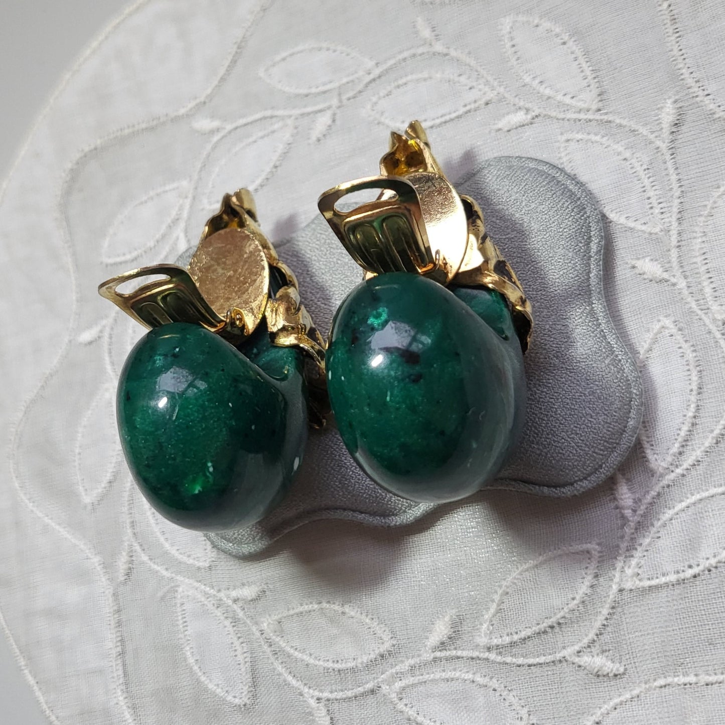 Clip on - Chunky Green Acrylic Ornate Top Clip On Earrings