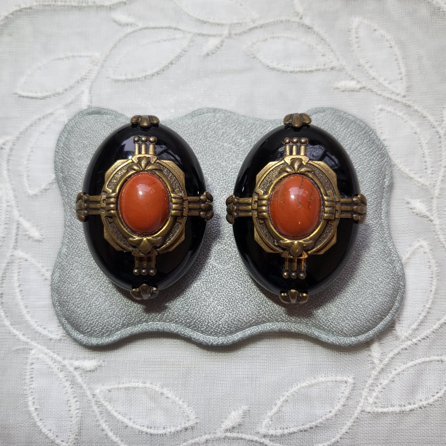 Clip on - Black and Orange Cabochon Brass Frame Clip on Earrings