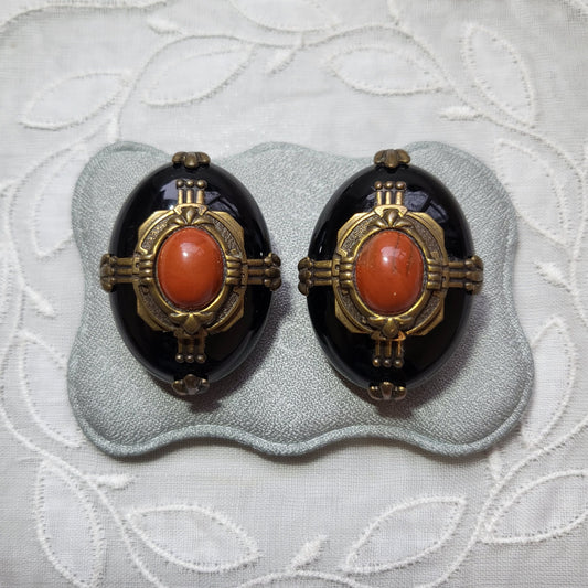 Clip on - Black and Orange Cabochon Brass Frame Clip on Earrings