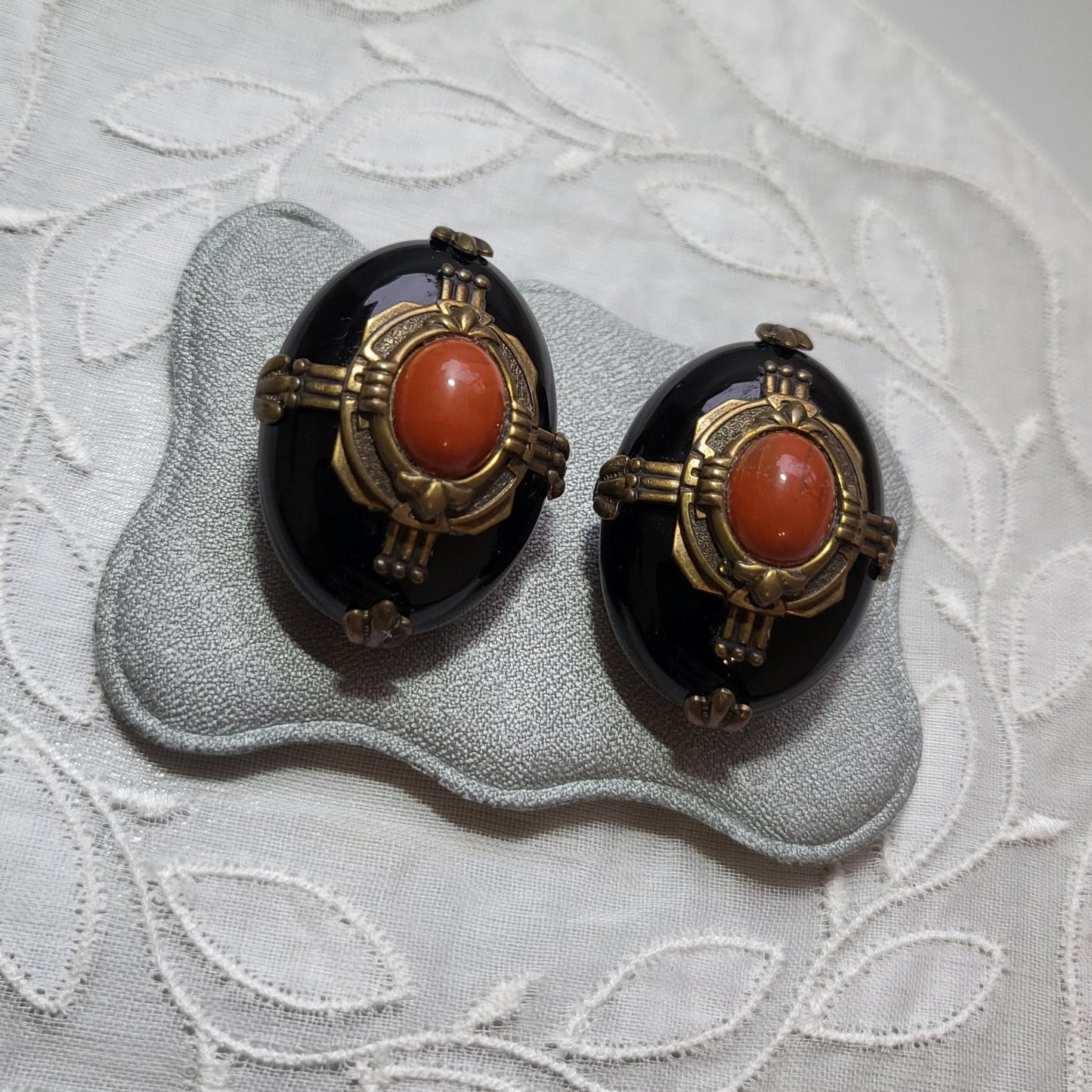 Clip on - Black and Orange Cabochon Brass Frame Clip on Earrings