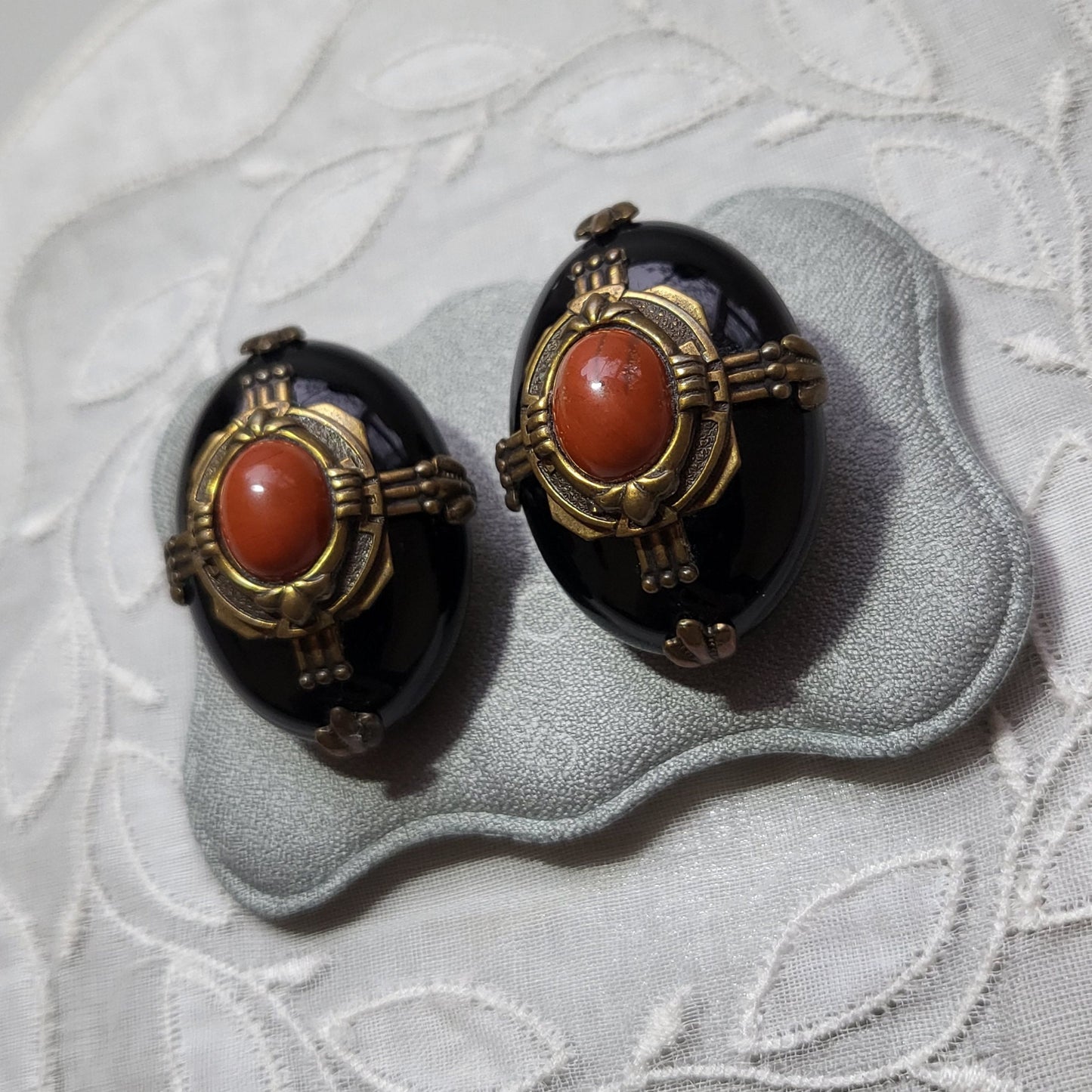 Clip on - Black and Orange Cabochon Brass Frame Clip on Earrings