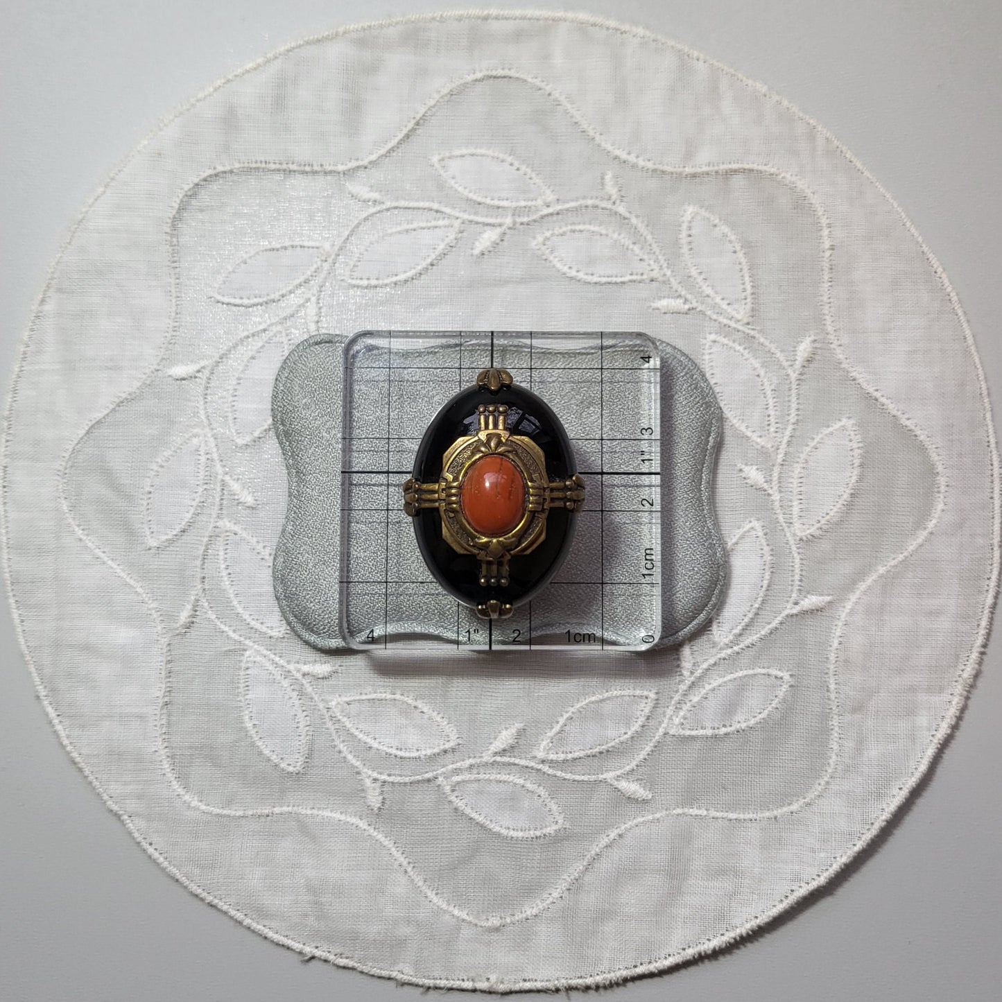 Clip on - Black and Orange Cabochon Brass Frame Clip on Earrings