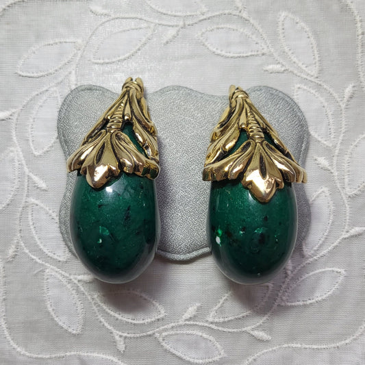 Clip on - Chunky Green Acrylic Ornate Top Clip On Earrings
