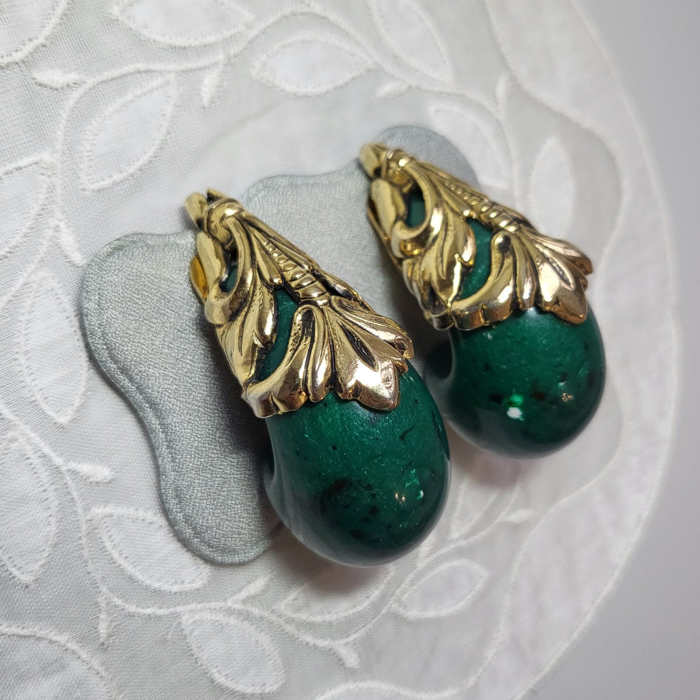 Clip on - Chunky Green Acrylic Ornate Top Clip On Earrings