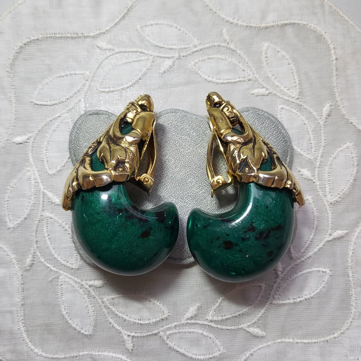 Clip on - Chunky Green Acrylic Ornate Top Clip On Earrings