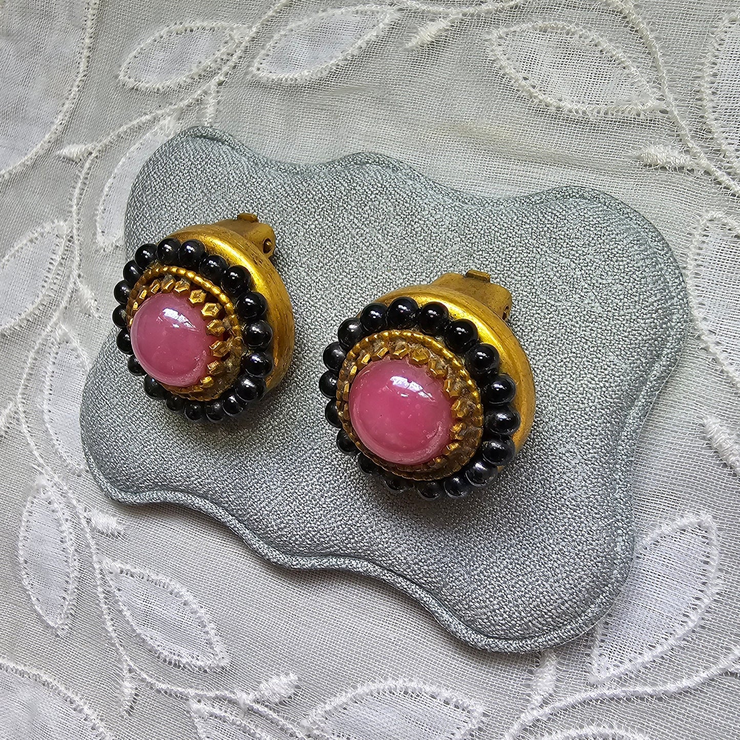 Clip on - Pink and Black Glass Round Clip on Earrings