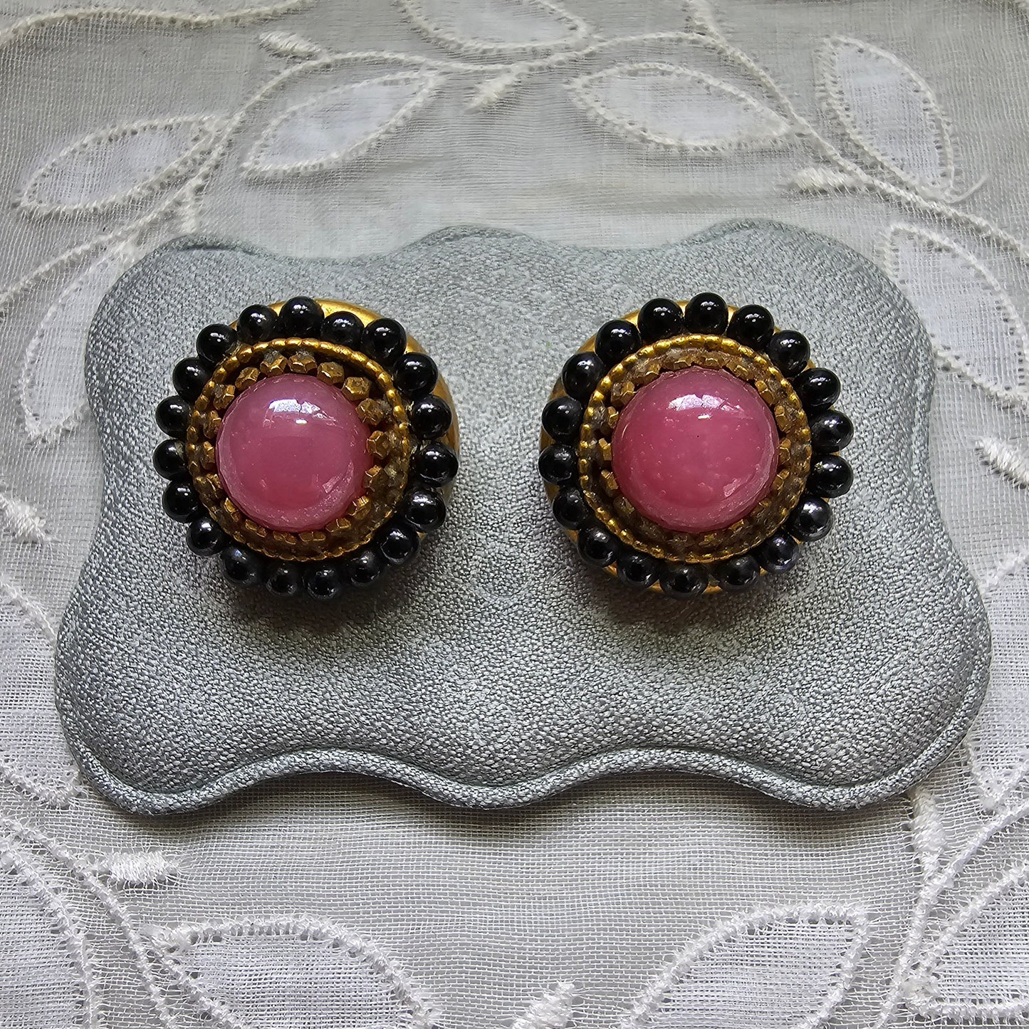 Clip on - Pink and Black Glass Round Clip on Earrings