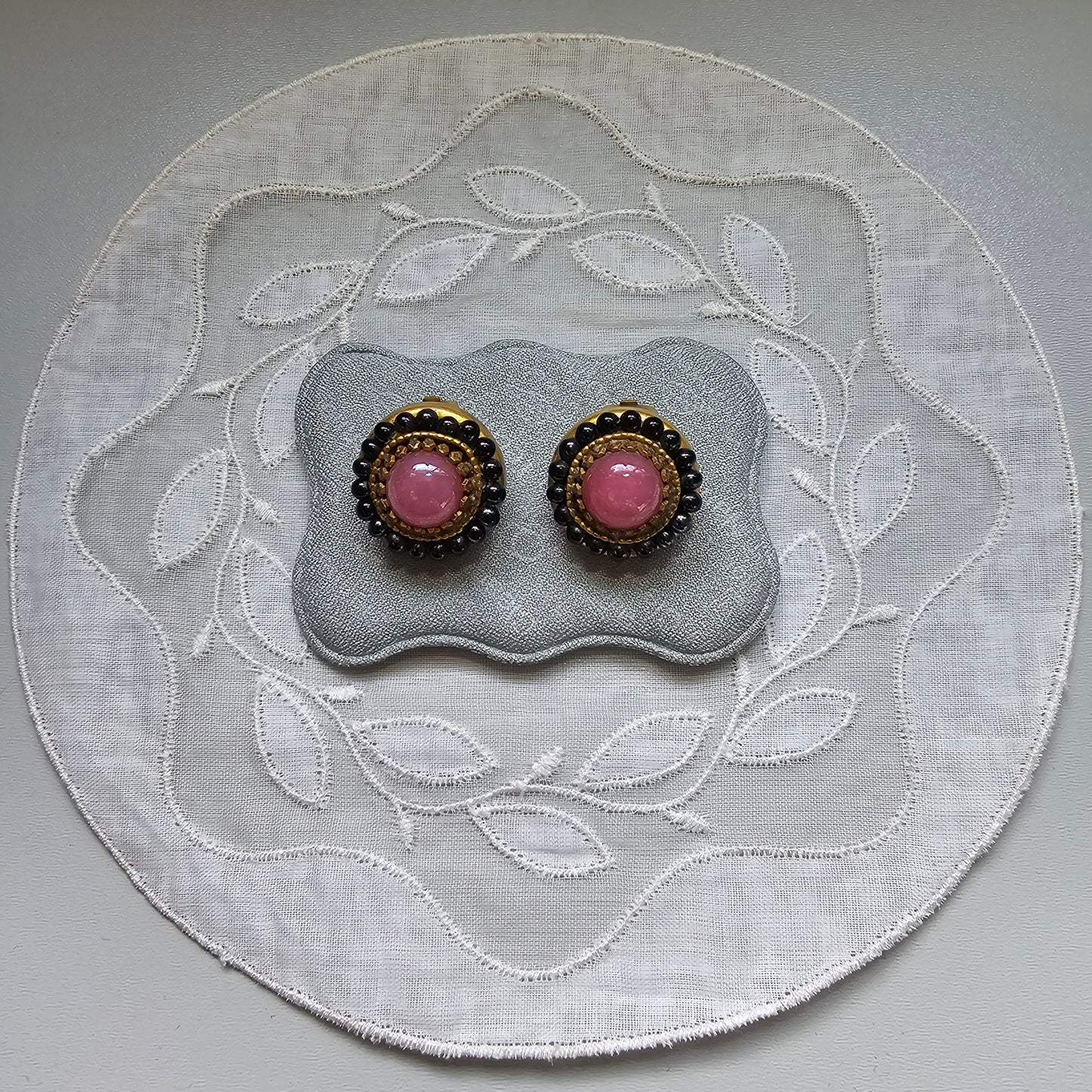 Clip on - Pink and Black Glass Round Clip on Earrings