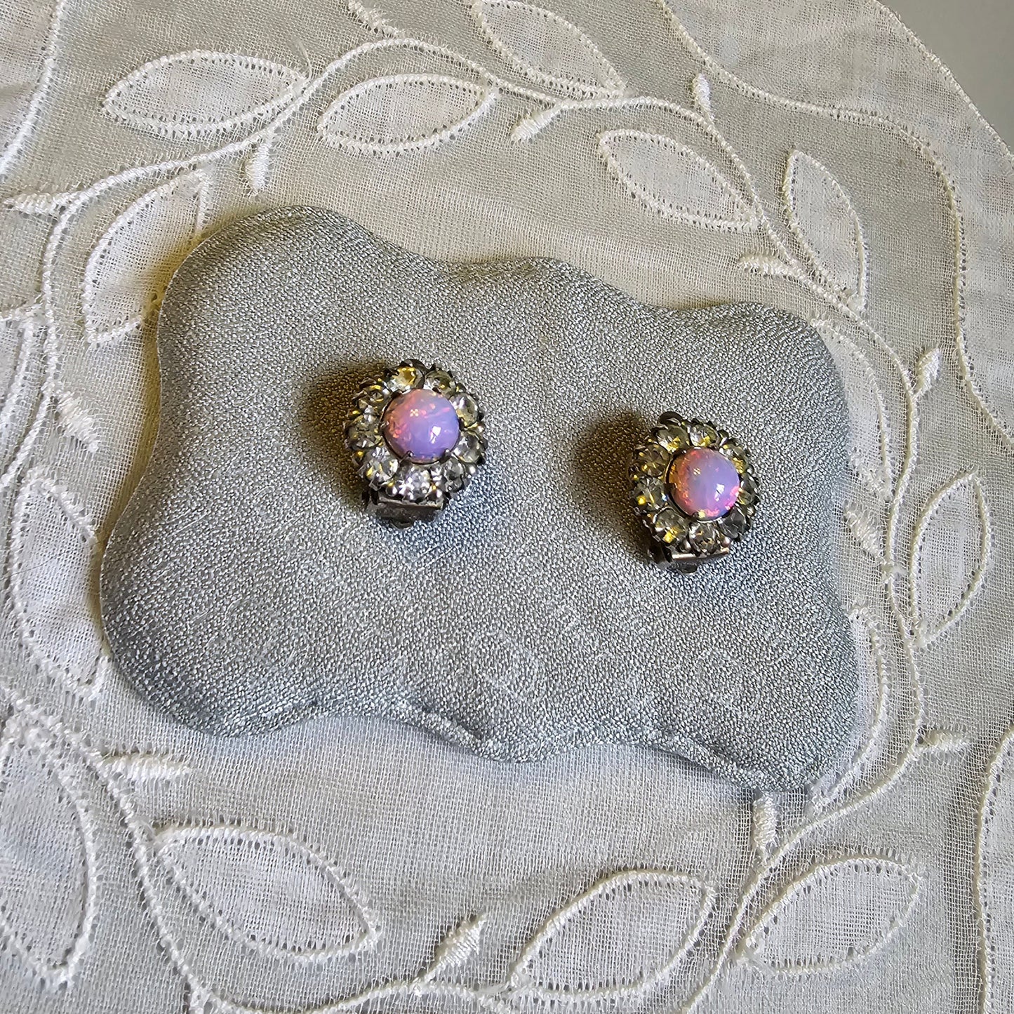 Clip on - Pink Opaline and Clear Crystals Halo Clip on Earrings