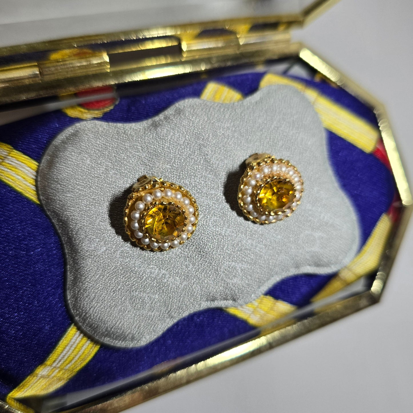 Clip on - Round Yellow Crystal Seed Pearl Clip On Earrings