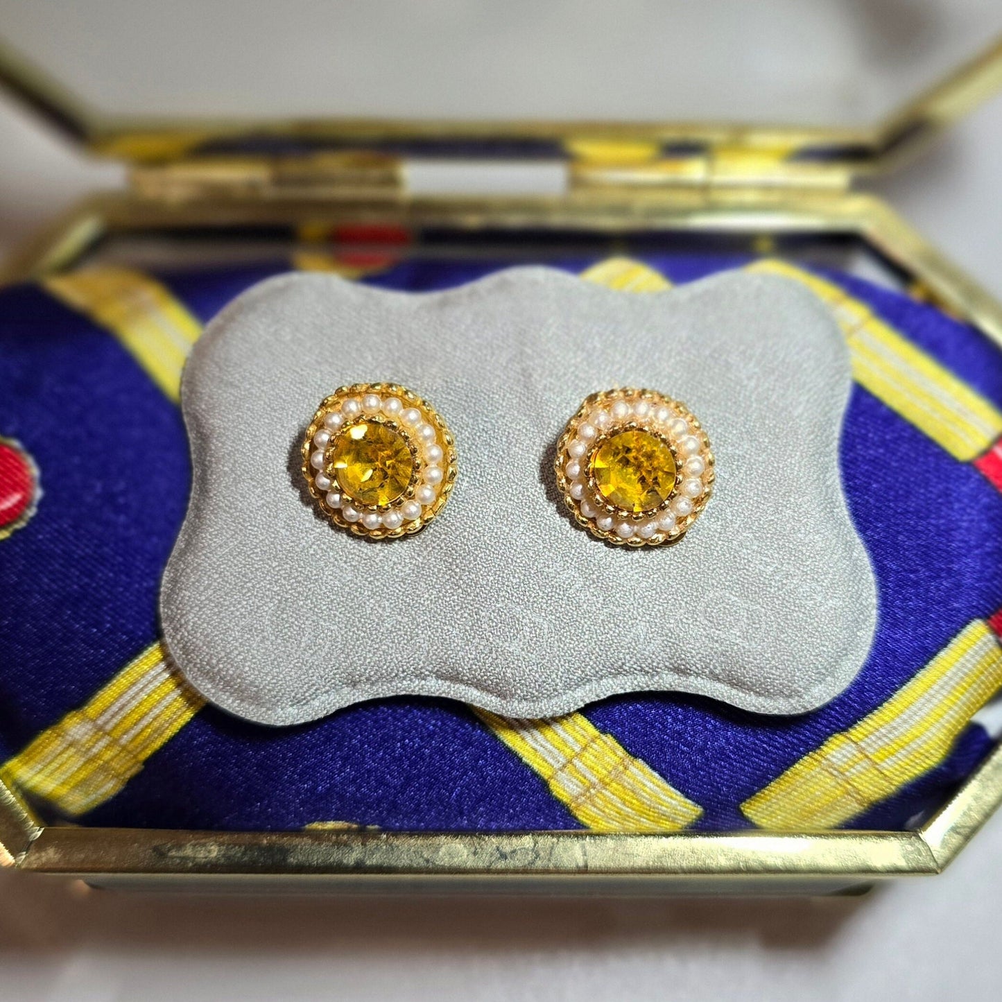 Clip on - Round Yellow Crystal Seed Pearl Clip On Earrings