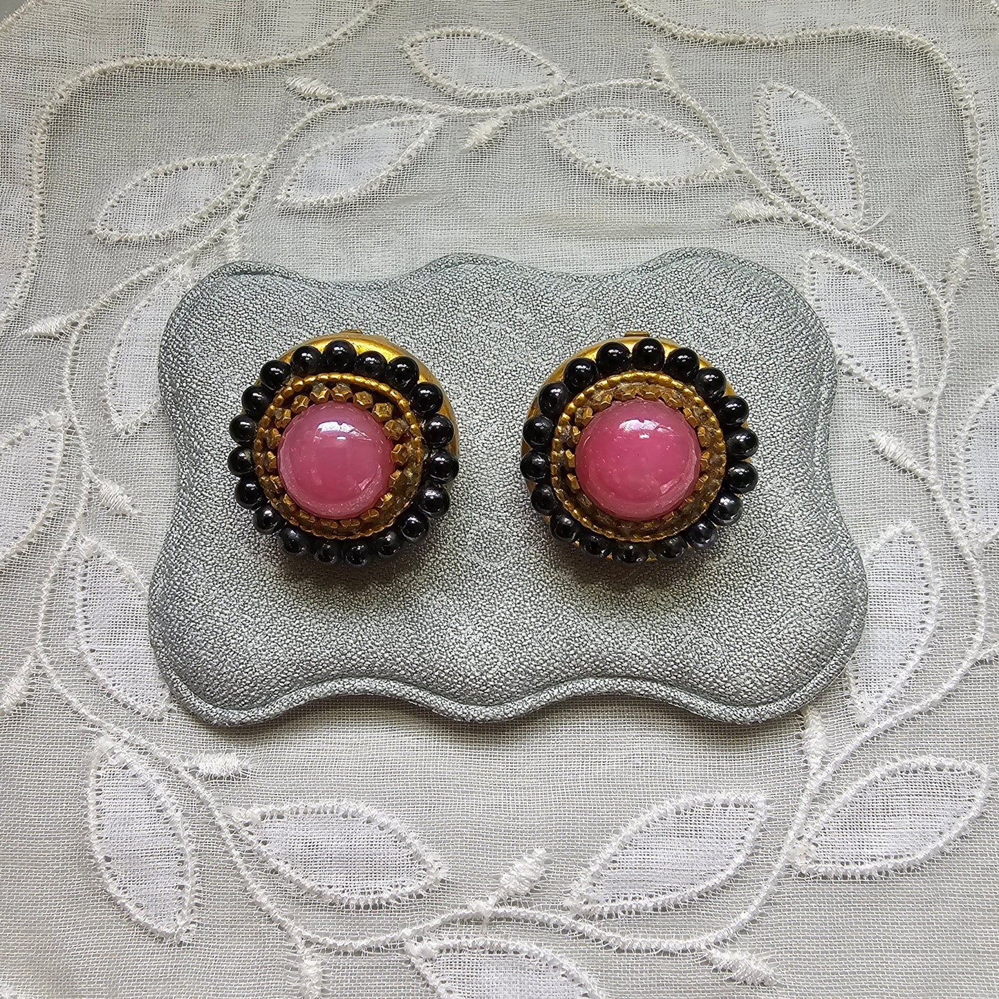 Clip on - Pink and Black Glass Round Clip on Earrings