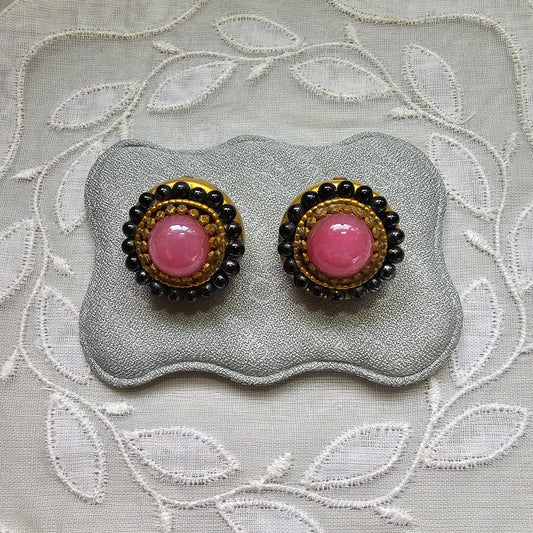 Clip on - Pink and Black Glass Round Clip on Earrings