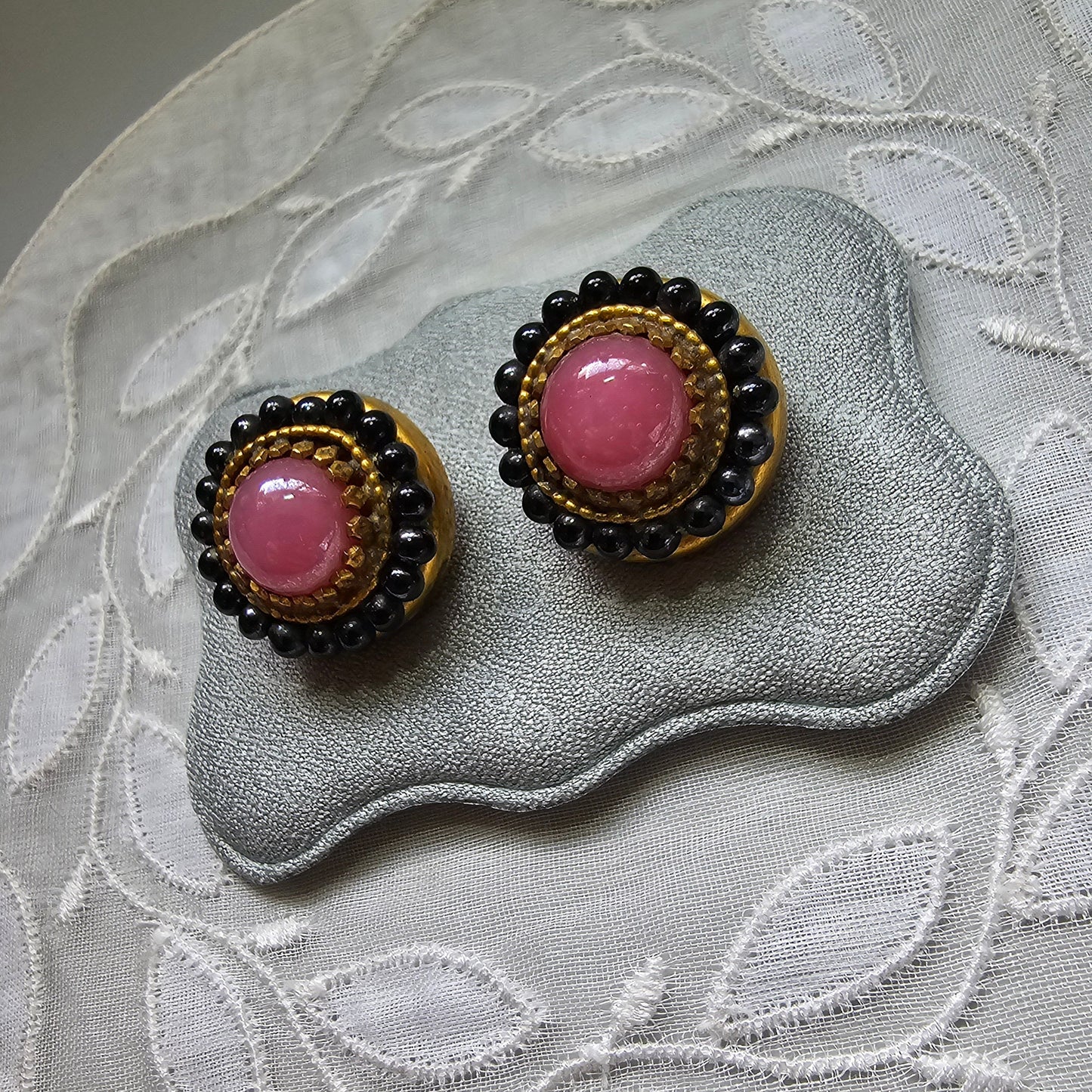 Clip on - Pink and Black Glass Round Clip on Earrings