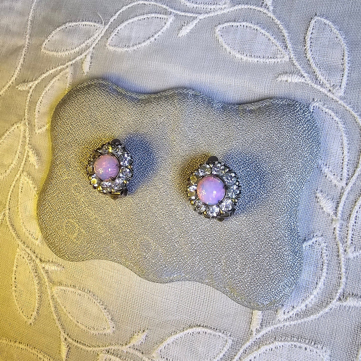 Clip on - Pink Opaline and Clear Crystals Halo Clip on Earrings
