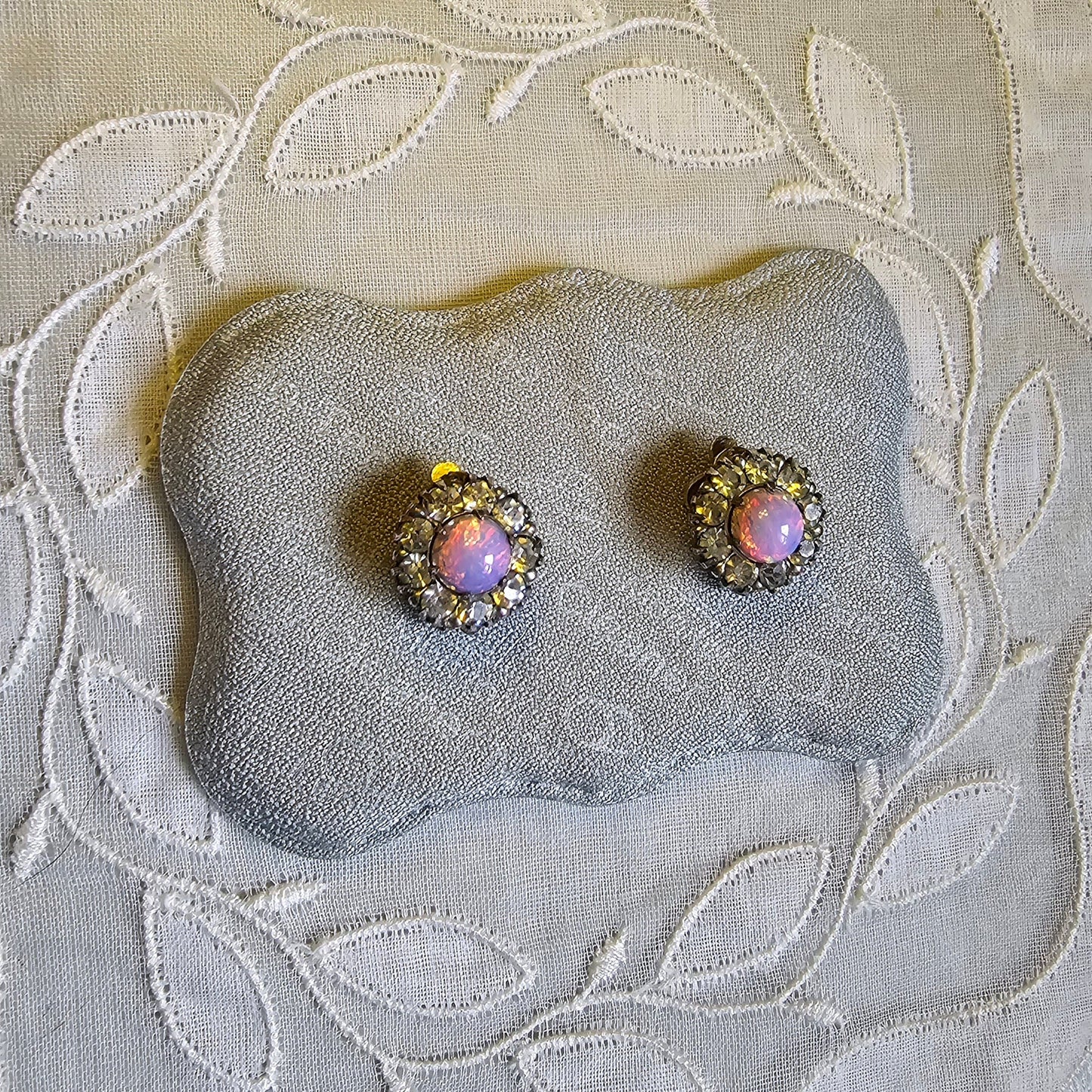Clip on - Pink Opaline and Clear Crystals Halo Clip on Earrings