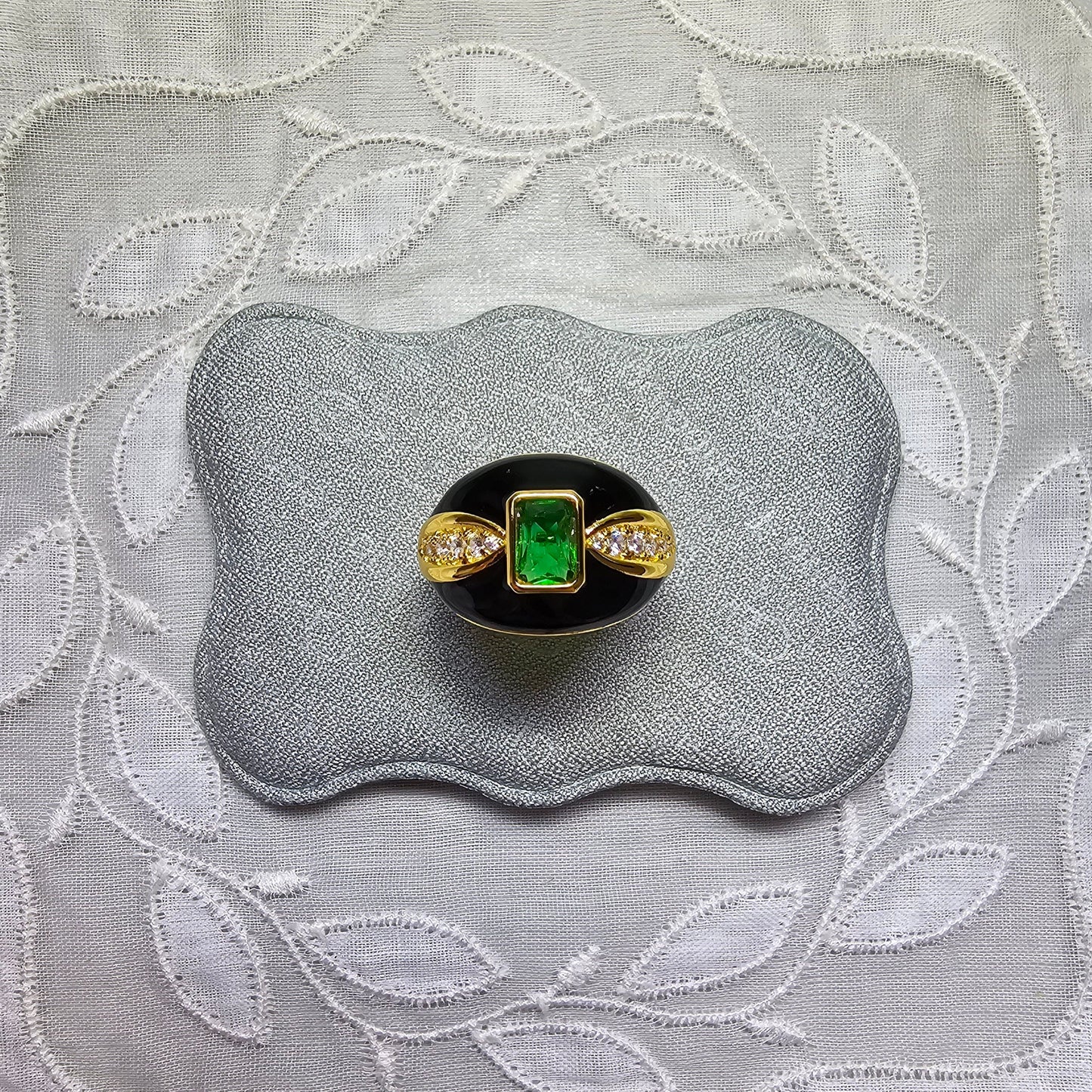 Ring - Green Crystal and Black Enamel Adjustable Ring