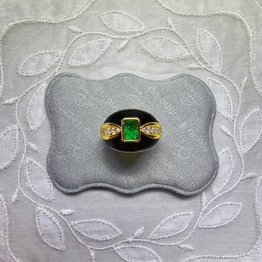 Ring - Green Crystal and Black Enamel Adjustable Ring