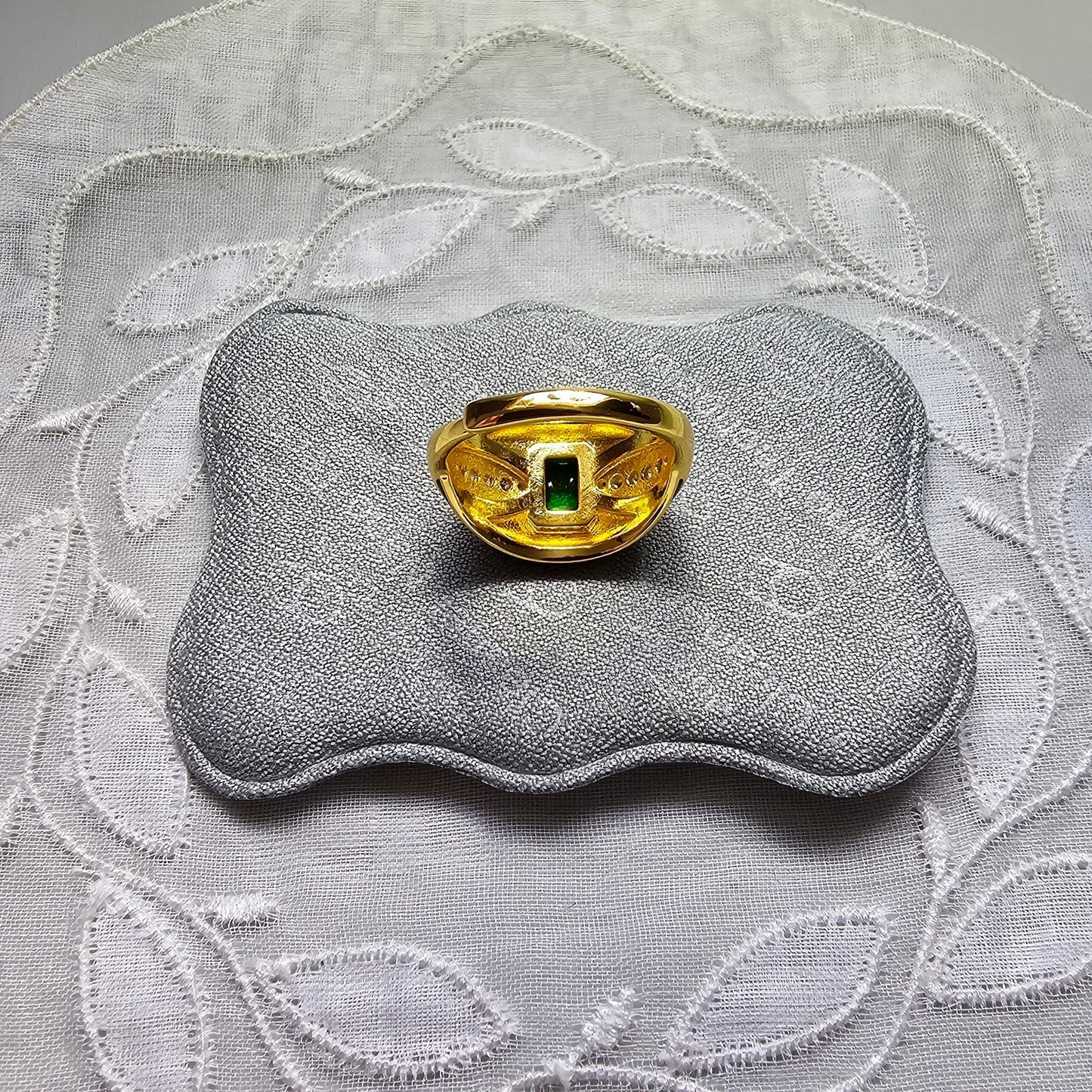 Ring - Green Crystal and Black Enamel Adjustable Ring