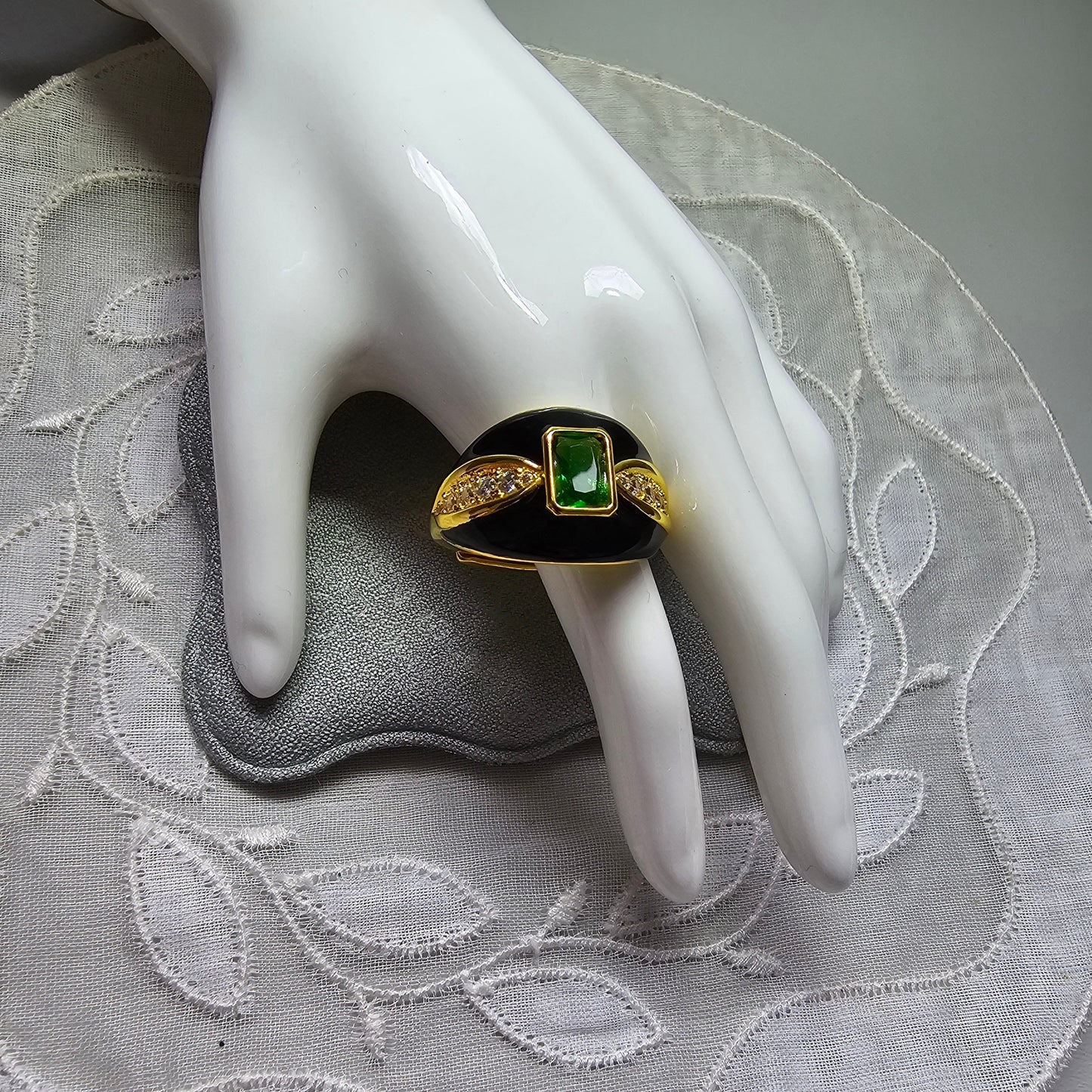Ring - Green Crystal and Black Enamel Adjustable Ring