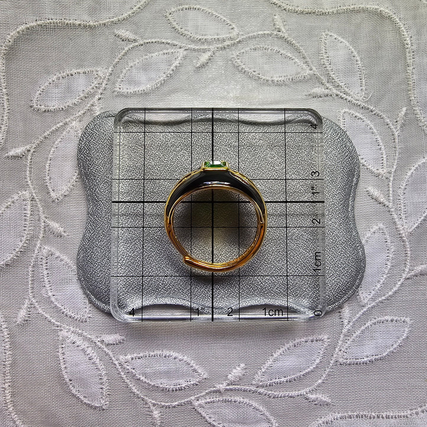 Ring - Green Crystal and Black Enamel Adjustable Ring