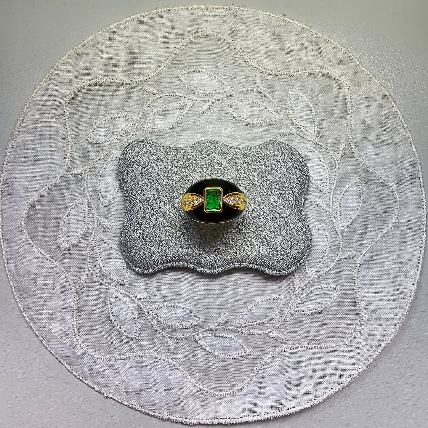 Ring - Green Crystal and Black Enamel Adjustable Ring