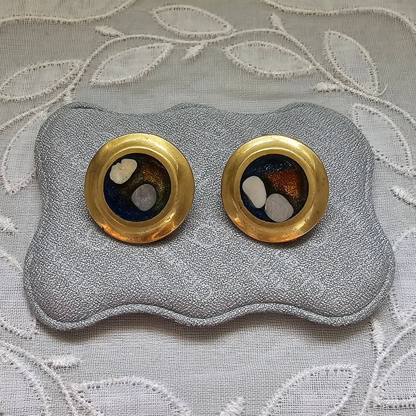 Clip on - Blue and Brown Enamel Clip on Earrings