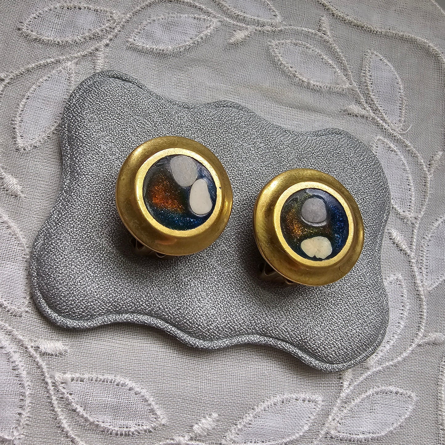 Clip on - Blue and Brown Enamel Clip on Earrings