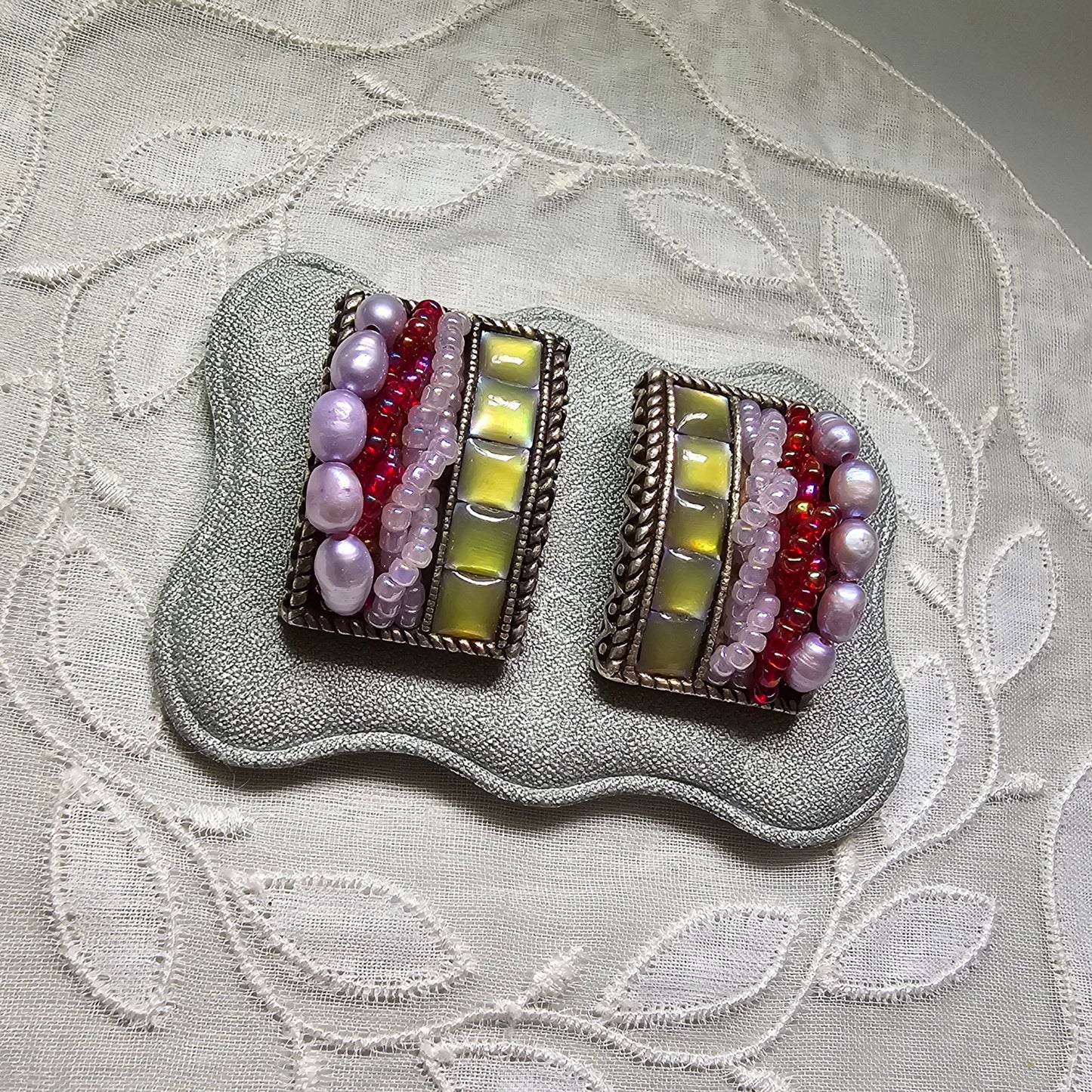 Clip on - Multicolour Iridescent Beads and Pearls Clip On Earrings