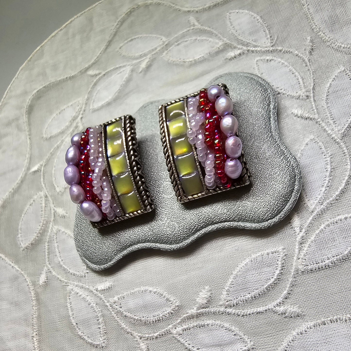 Clip on - Multicolour Iridescent Beads and Pearls Clip On Earrings